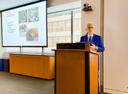 Our chairman, Dr. Philip Stieg, delivers a presentation about approaches to treating adults with cerebrovascular disorders