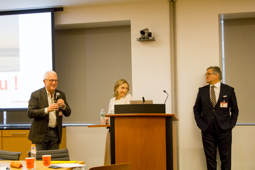 Dr. Philip E. Stieg, Dr. Caitlin Hoffman, and Dr. Roger Härtl moderate a group discussion about collaboration going forward