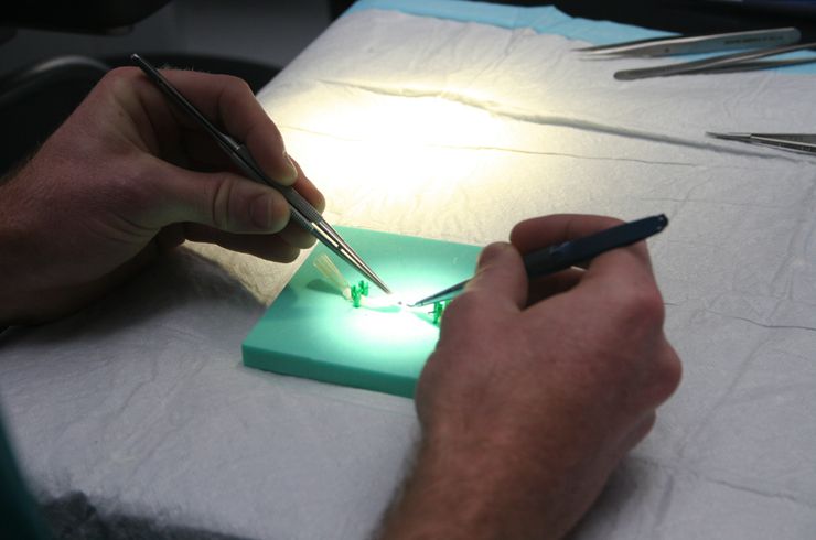 In the Surgical Innovations Lab, residents practiced microsurgical techniques