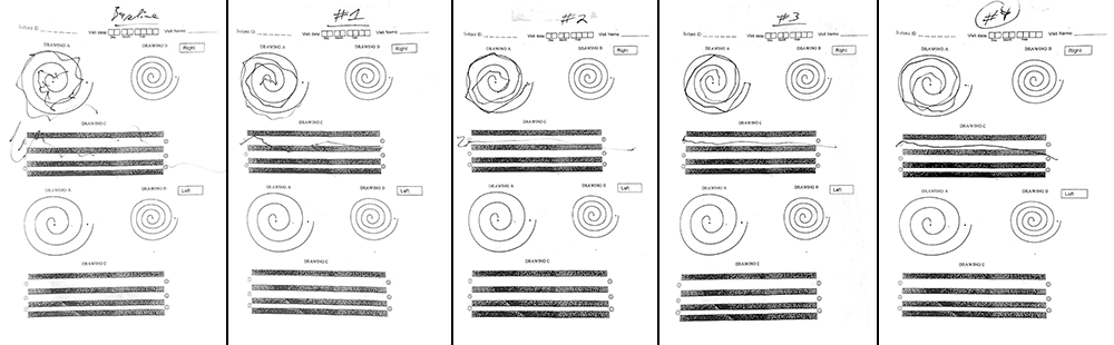 The simple spiral and lines tell the story of progress: From the baseline at left to the final drawing at right