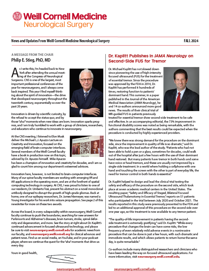 Weill Cornell Medicine Neurological Surgery Fall 2024 Newsletter